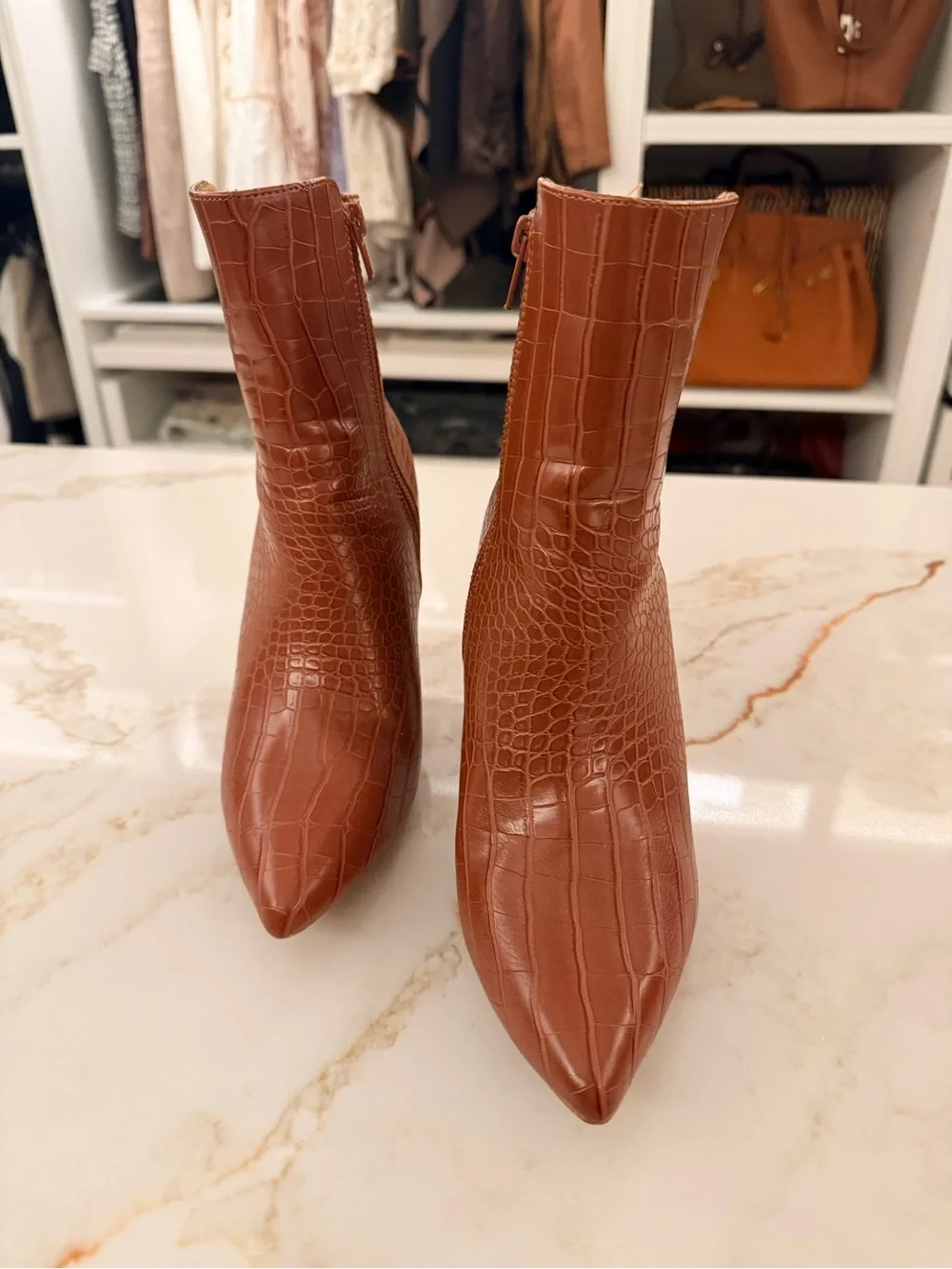 Women's Croc-Embossed Brown High-Heel Ankle Boots
